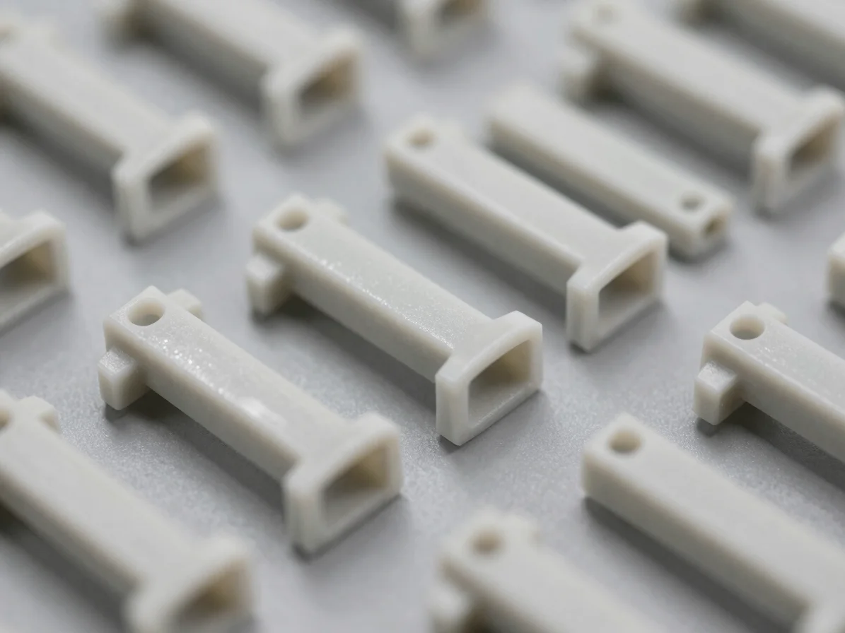 Close macro detail of molded plastic components on a neutral grey