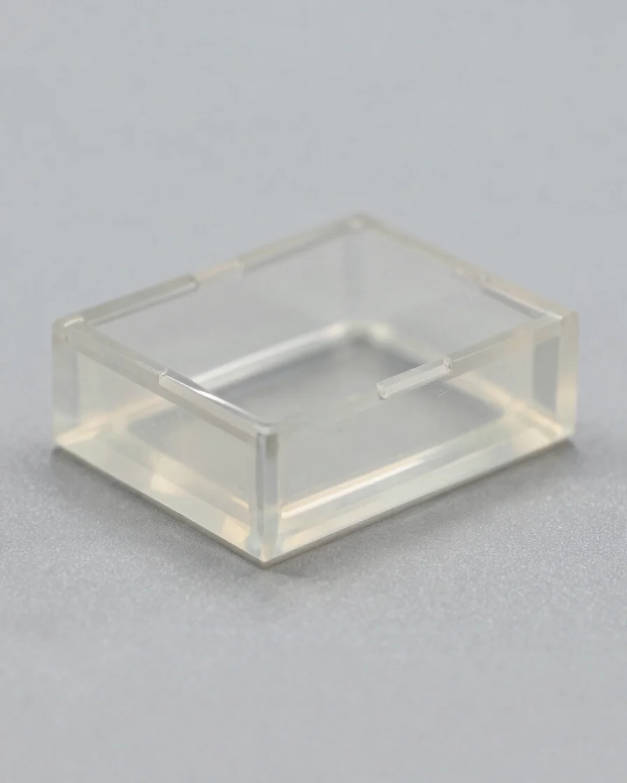 Precise macro close-up of a finished translucent polymer componen
