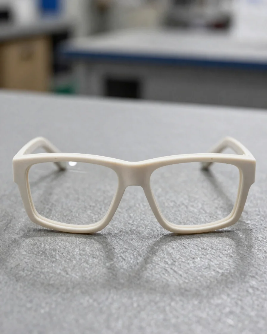 Precise macro photograph of a finished plastic spectacle frame on